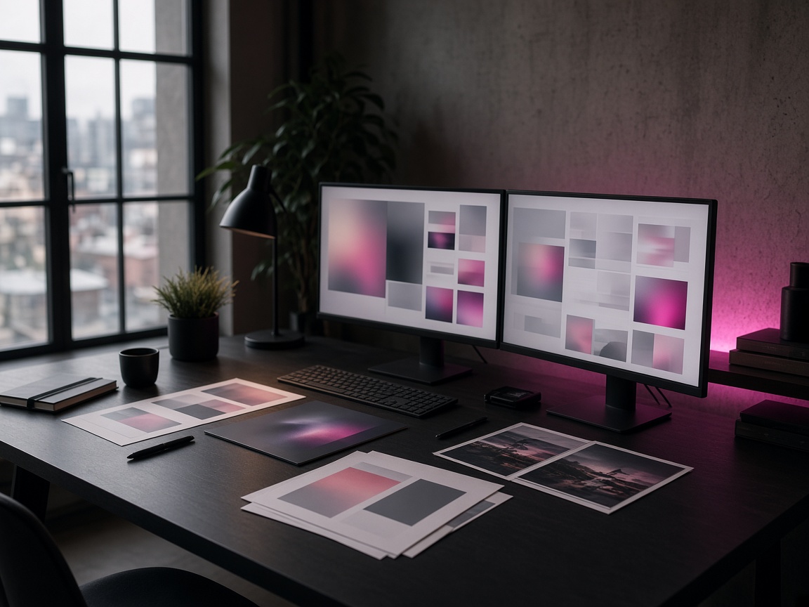 Lucid Crew workspace with monitors and print samples