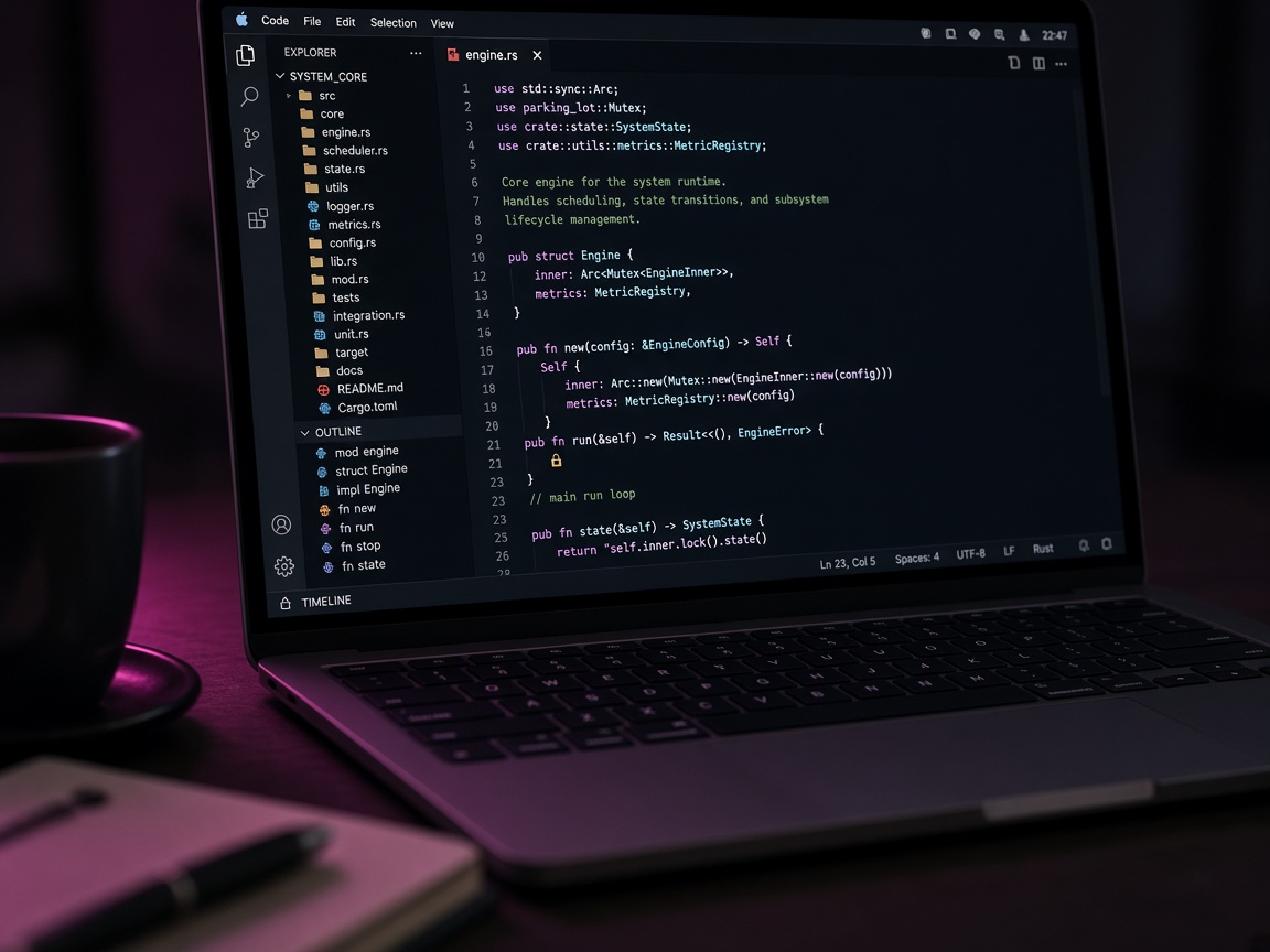 Laptop showing programming work in a dark studio